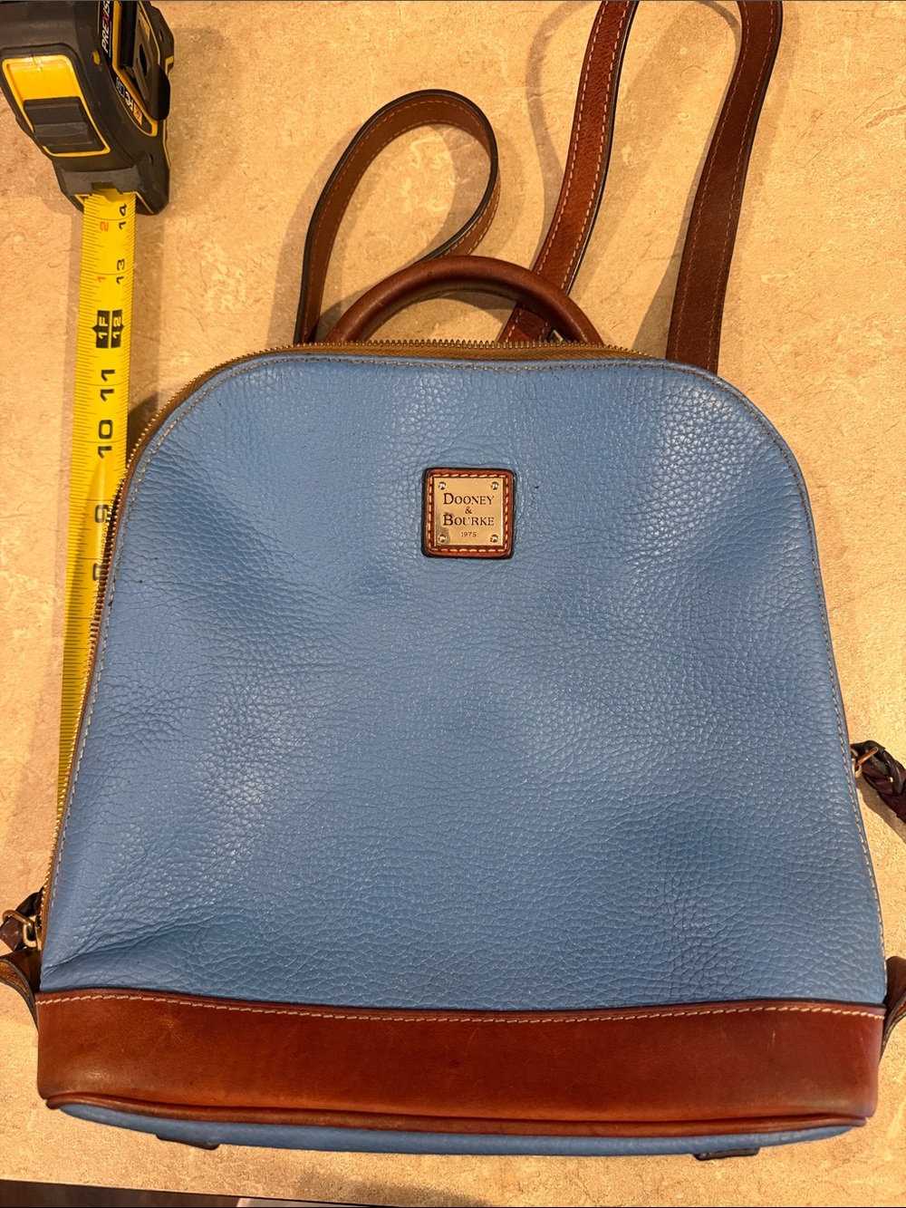 Dooney & Bourke Light Blue Leather Backpack with Brown Trim